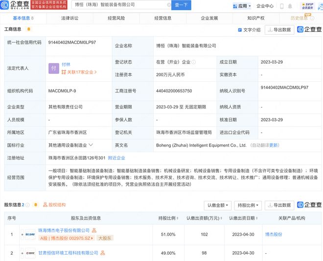 博杰股份于珠海投資設立智能裝備新公司